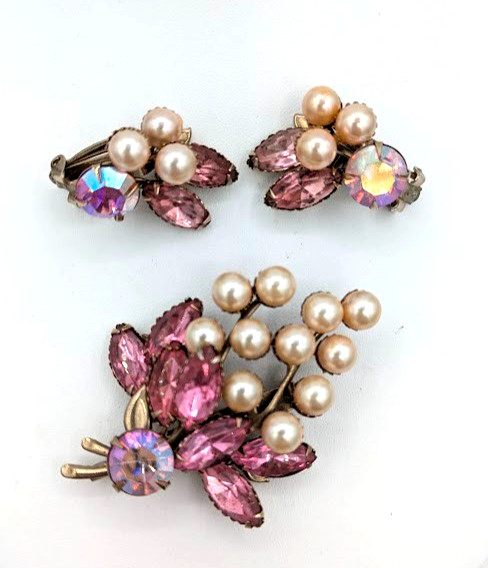 Vintage Floral Brooch Earrings SET Pink Navette Rhinestone Faux Pearl