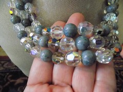 Vtg 1960 Christian Dior Signed 3 Strand Gray Art Glass AB Crystal Bead Necklace