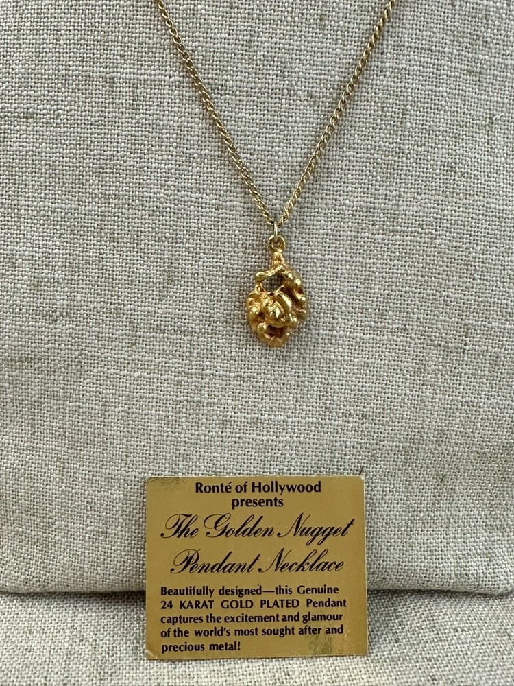Vintage Ronte of Hollywood Gold Nugget Pendant Necklace Card 24K GP 1970s 1980s