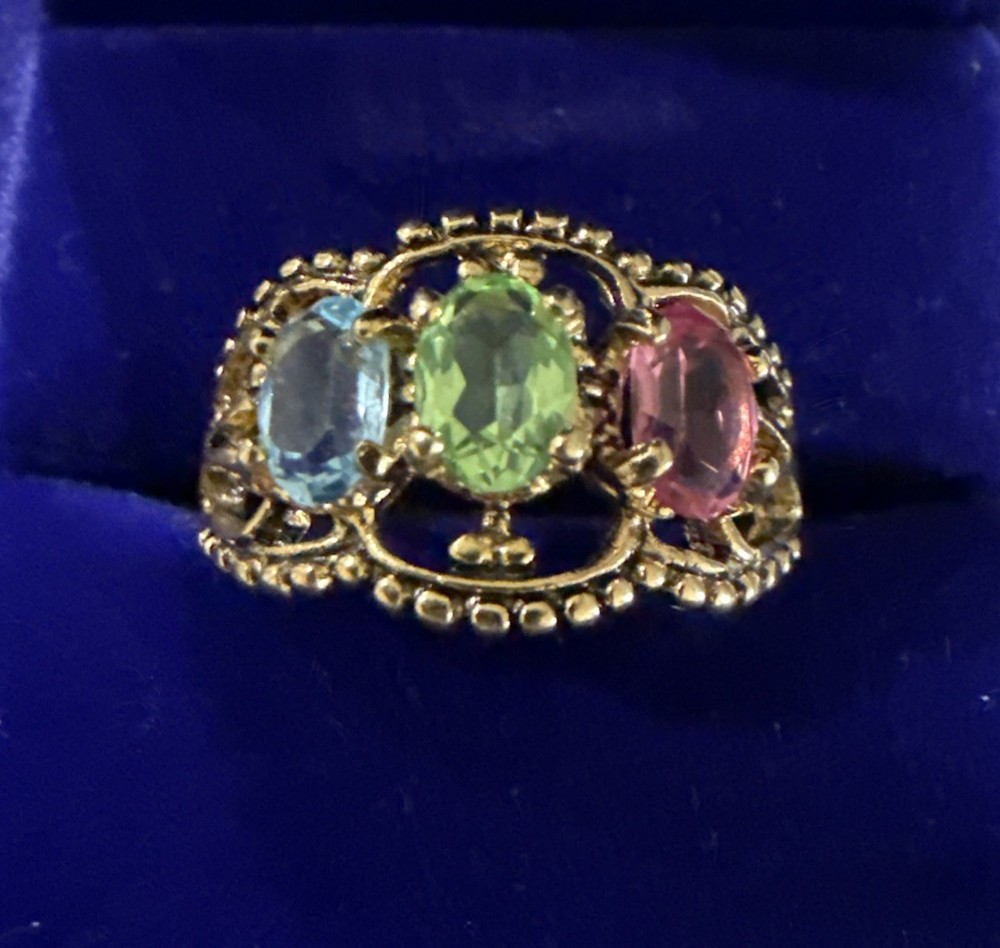 Vintage Pastel Blue Pink Green Costume Ring Gold Electroplate Marked SETA Sz 10
