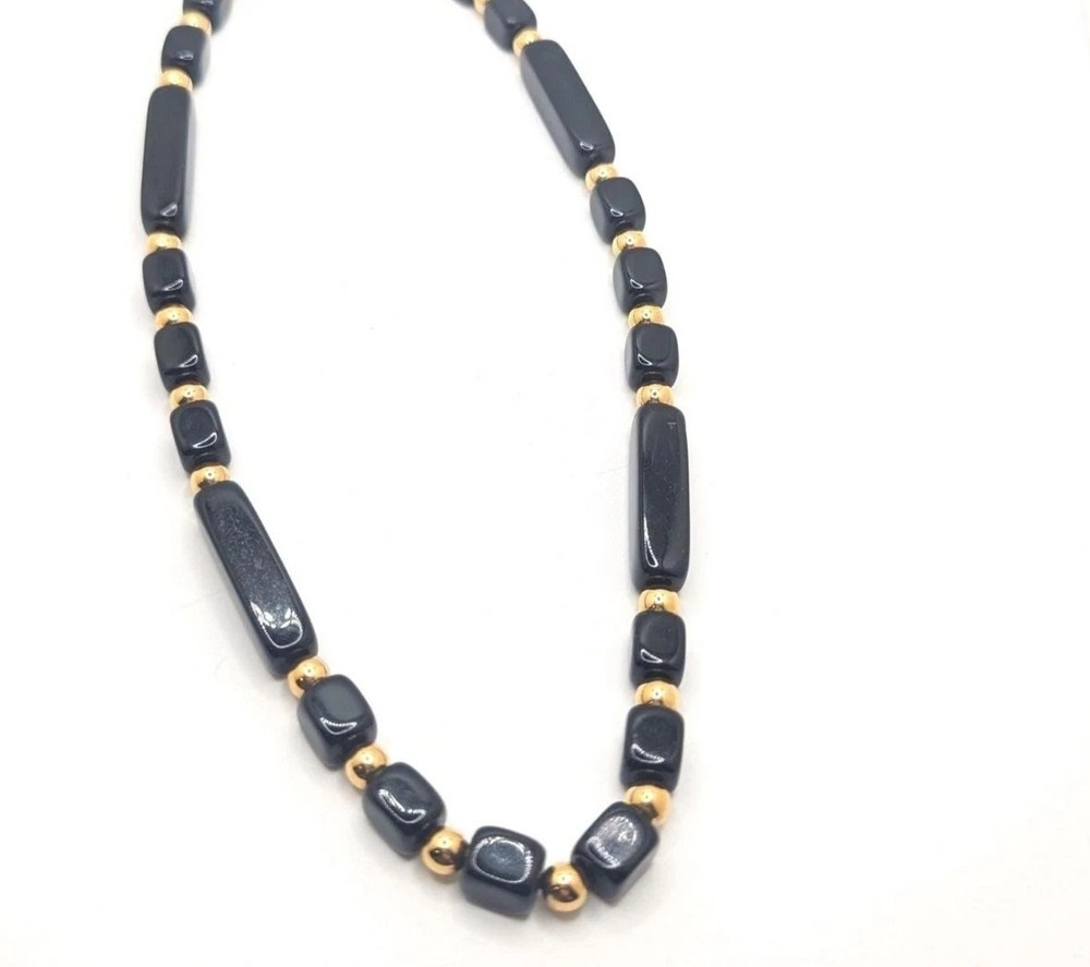 Vintage 1980s Trifari Art Deco Black Gold Beaded Necklace Long Layering Geometri