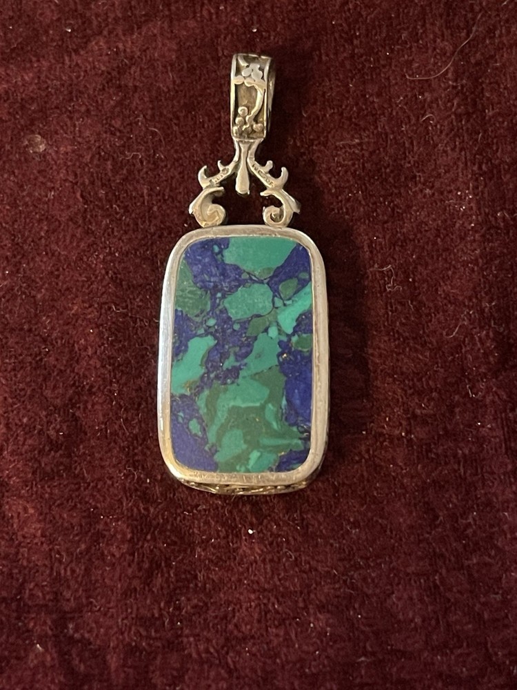 Vintage Israeli 925 Sterling Silver Reversible Eilat Stone & Mop Pendant Chain.