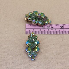 Vintage Gold AB Green Art Glass Rhinestone Leaf Shape Clip-On Earrings