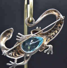 REJA Sterling SALAMANDER LIZARD Brooch Earrings AQUA GLASS BELLY Vtg Set Signed