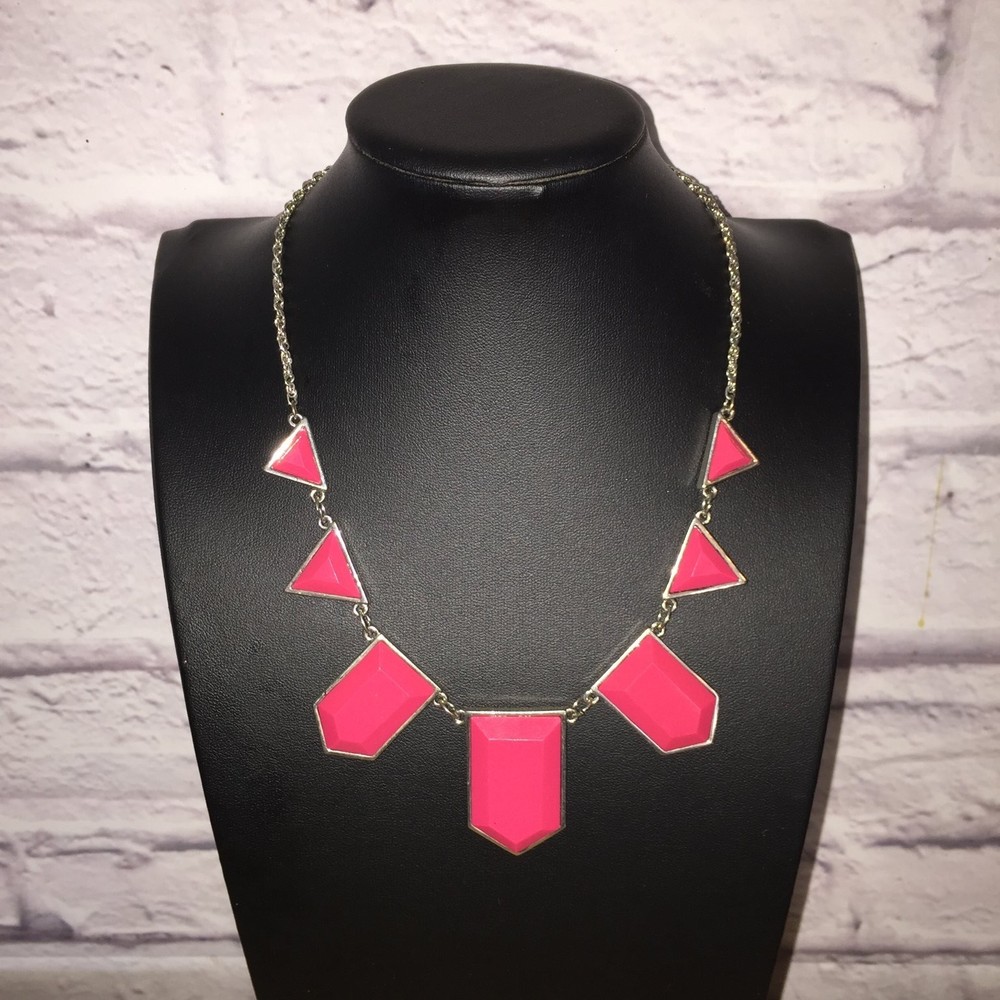 Vintage Geometric Statement Necklace Silver Tone Hot Pink Acrylic Career