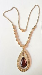 VTG.NR Signed Gold Tone Rhinestone Teardrop Pendant Necklace Amber Brown Glass