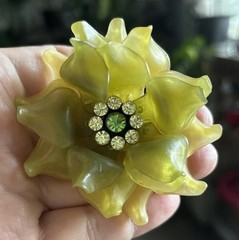Vtg Frosted Green Soft Molded Plastic Rhinestone Flower Brooch SilverTone