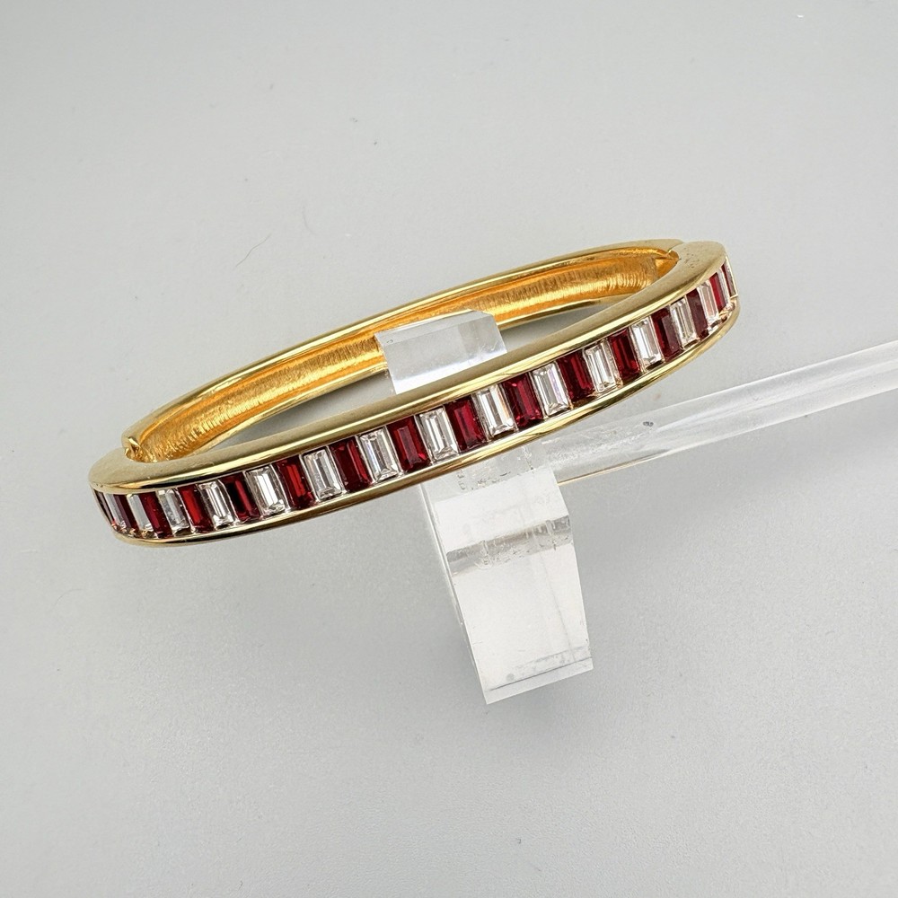 Swarovski Hinged Bangle Gold Tone Baguette Red Clear Crystal Bracelet SAL