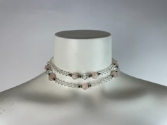 Vintage Necklace Rose Quartz, Silver beads + Crystal necklace strand 29 in, n8