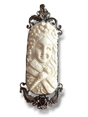 Fifirose Carved Bison Bone Cameo Pendant Sterling Garnet 3”