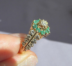 ANTIQUE BRISTOL 14K YELLOW GOLD TIERED EMERALD DIAMOND CLUSTER HALO RING