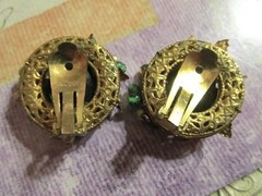 VtG Haskell Style Wired Green Glass Bead Faux Pearl & Rhinestone Clip Earrings