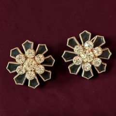 Art Deco Rhinestone Earrings Black Enamel Screwback Cogwheel Vintage
