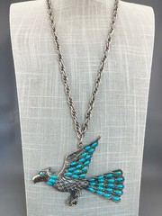 Vintage Southwest Necklace Eagle Thunderbird Faux Turquoise Silver Tone 23”
