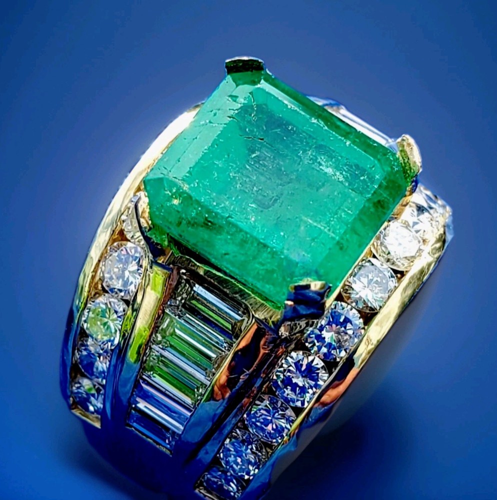 Original EARTH MINED EMERALD DIAMOND Engagement Ring Vintage Deco SOLID 18K GOLD