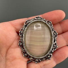 Vintage Gemstone Brooch Polished Beige Banded Agate Silver Tone Oval Frame Heavy