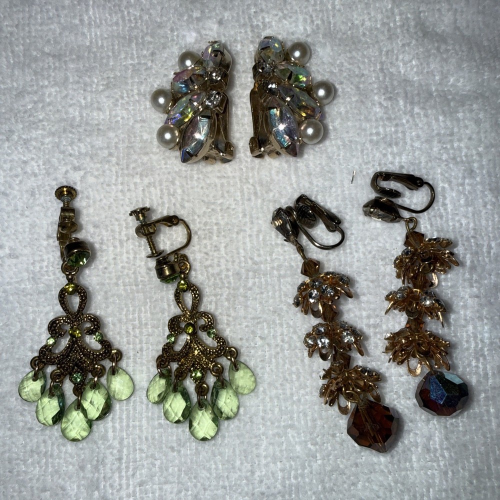 3 SETS Vintage ClipOn & Screwbk EARRINGS Great Condition Crystals Rhinestones
