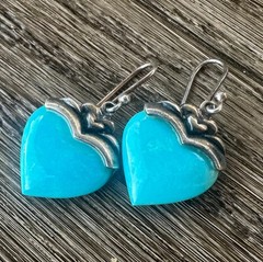 Heart Dangle Earrings Blue Stone Inlay Thailand Vintage Sterling Silver 925 #9