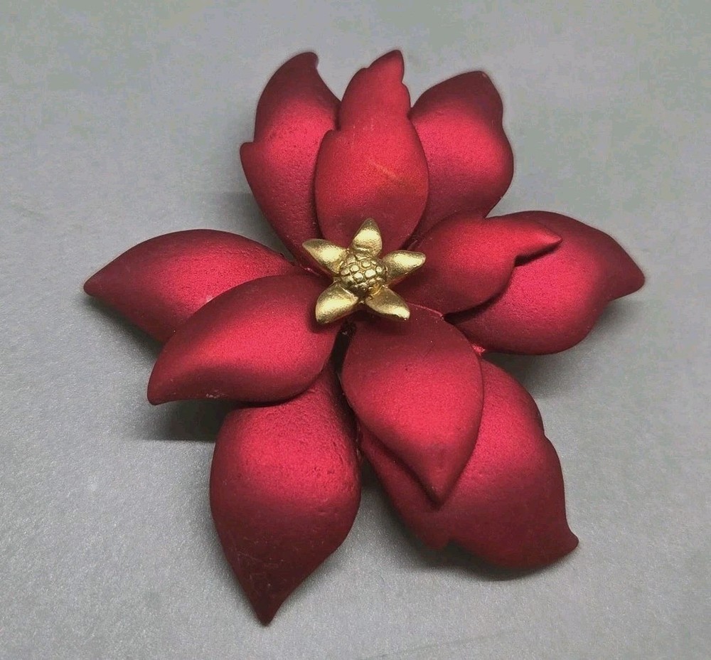 Vintage Tona Red & Gold Satin Poinsettia Brooch Pin Jewelry Signed 2.25″ EUC