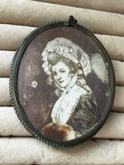 Antique Victorian Revival Cameo Portrait Pendant -Brass Frame Edwardian- Large