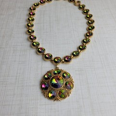 Watermelon Rivoli Necklace Vintage Signed Lisner 16″ READ Missing One Back Stone