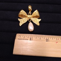 Dauplaise Gold Tone Bow Pendant with Faux Pearl Dangle (No Chain)