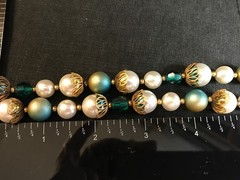 1950s-60s DEAUVILLE Faux Pearl Blue Accent Gold Tone Metal Beaded Necklace w/Tag
