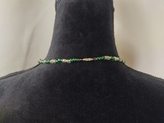 Vtg Hand Beaded Necklace Green Clear Beads Silver Tone Closure Costume Jewelry