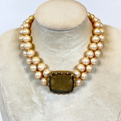 LES BERNARD Faux Pearl Choker Necklace Intaglio Lovers Cameo Hermes Aphrodite