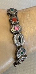 50s Vintage Victorian Revival Jeweled Slide Charm Bracelet Silvertone Enamel 7”
