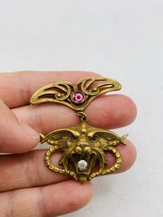 Antique Vintage Art Nouveau Gothic Gargoyle Griffin Crystal Gold Tone Pendant