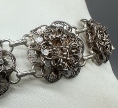 Vintage 800 Silver Filigree Floral Panel Bracelet 7” Ornate European Intricate