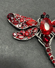 Red Rhinestone Dragonfly Brooch Pendant Faceted Center Stone Silver Tone 2.5″