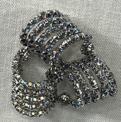 Aurora Borealis Ribbon Rhinestone Brooch Clip Earrings Set Unsigned Silver Tone