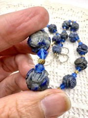 Vintage Hand Carved Lapis Lazuli Shou Bead Necklace 20”