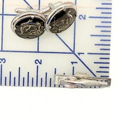 Vintage Swank Dragon Etched Silver Plate Black Enamel Cufflinks Tie Bar Set
