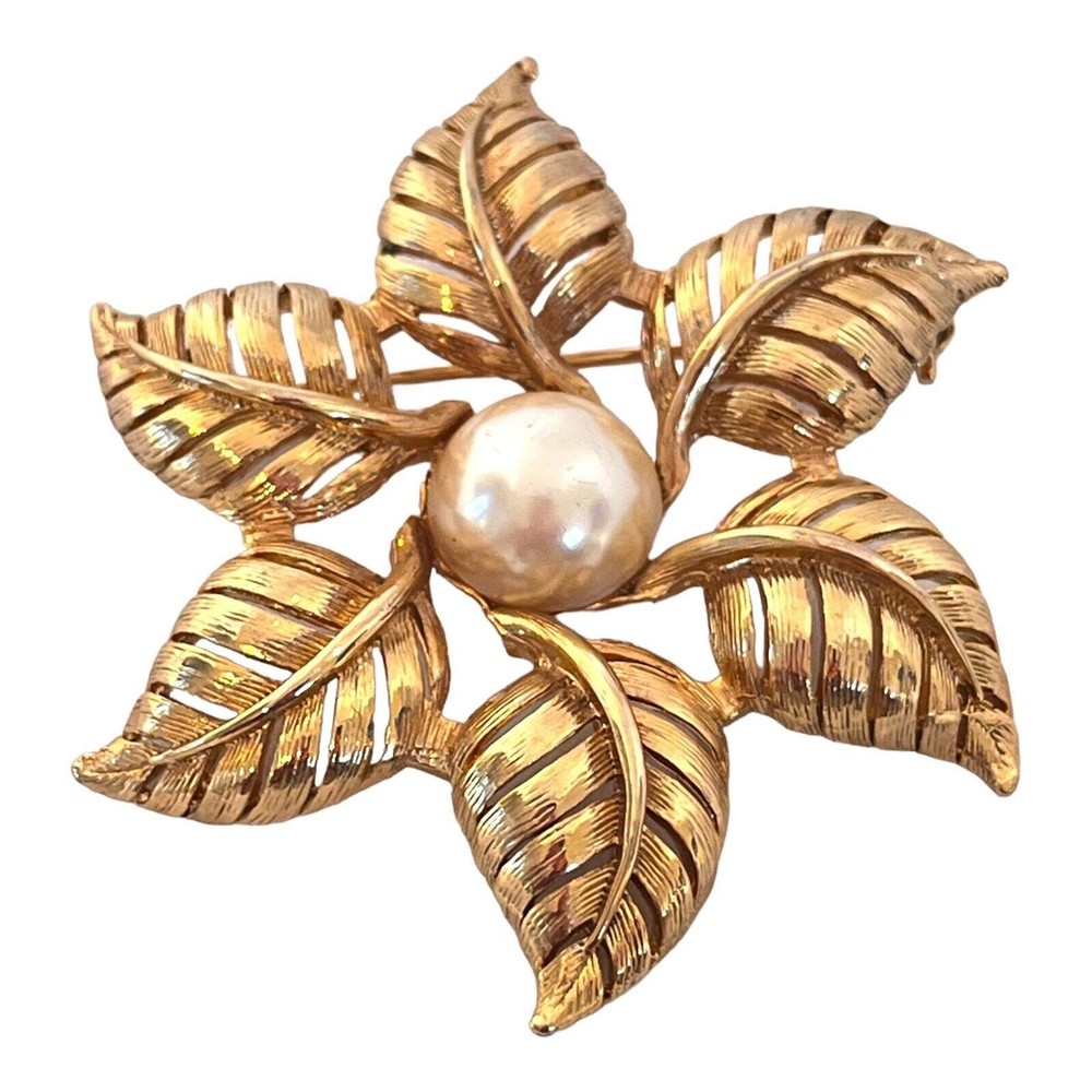 Vintage 1980s Alan J Leaf Brooch Simulated Pearl Gold Tone Pin – 6I