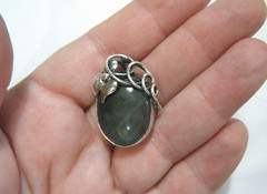 Vintage 70s Sterling Silver & Large Labradorite Cab Handmade Pendant Brooch