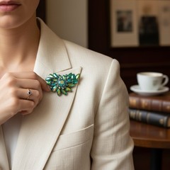 Vintage 1950s Peacock AB Emerald Rhinestone Brooch Silver Tone Marquise Chaton