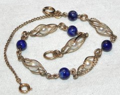 Vintage A&Z 12K Gold Filled Blue Lapis Stone Caged Pearl Bead 7″ GF Bracelet