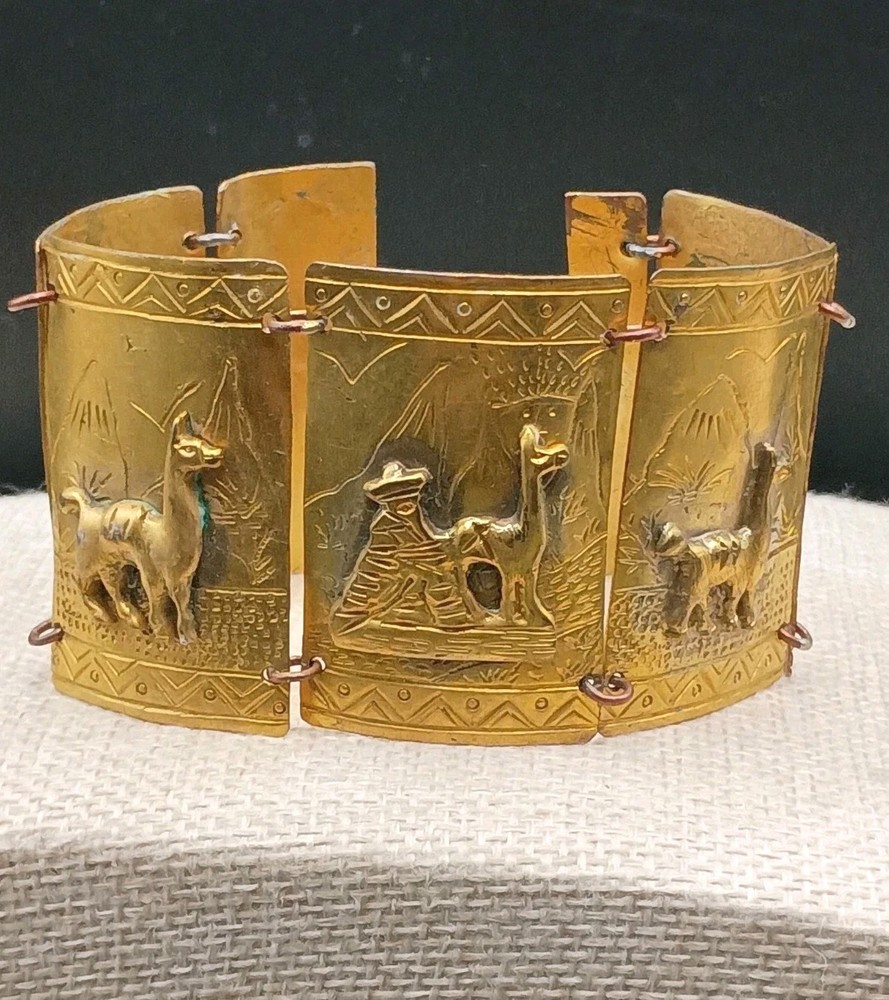 Vintage Peruvian Alpaca Bracelet Story Teller Gold Tone Brass Wide Cuff Repousse