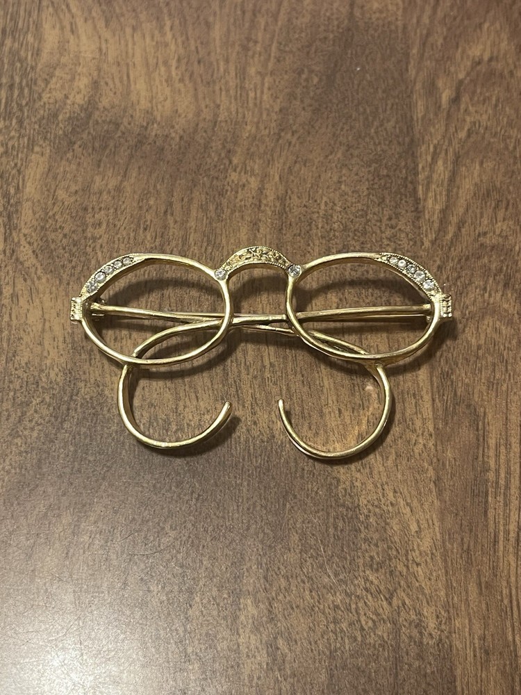 ⭐️ Vintage Gold Tone Rhinestone Eyeglasses Spectacles Glasses Brooch