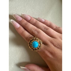 Vintage Florenza Faux-Turquoise Cabochon Red Rhinestones Ring – Adjustable