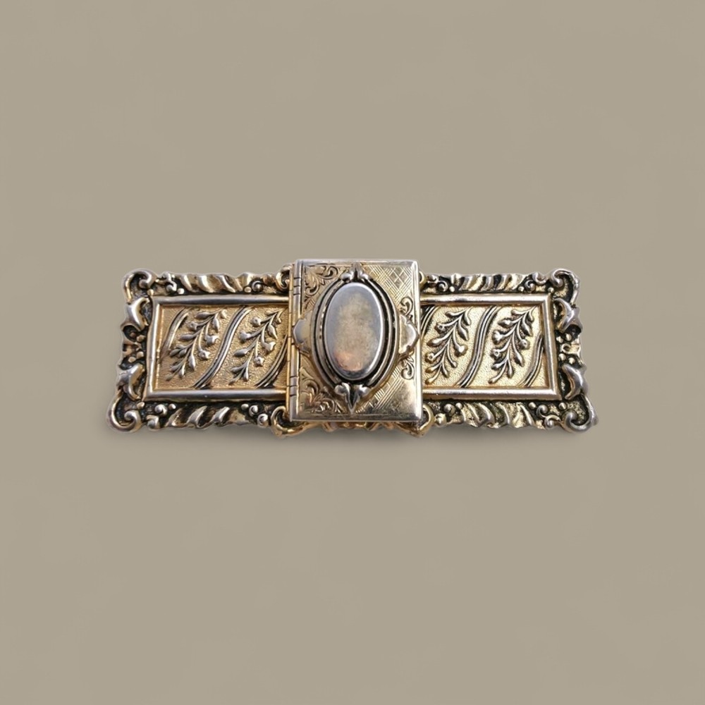 Vintage Art Nouveau Art Deco Ornate Bar Victorian Picture Locket Pin Brooch
