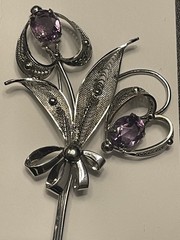 Vintage Sorrento Sterling Silver and Amethyst Floral Heart Bouquet Brooch-Large
