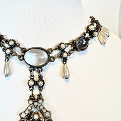 Vintage Moonstone Rhinestone Simulated Pearl Necklace Victorian Poured Glass