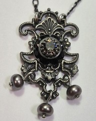Vintage LIZ PALACIOS Necklace Dainty Crystal Pearl Black & Grey Delicate Signed
