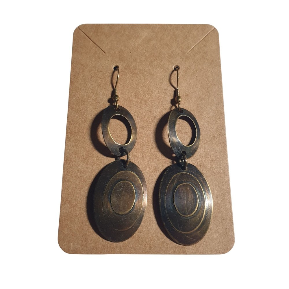 Brass Tone Oval Dangle Earrings Hook Backing Lightweight 2.5 In Boho Beach Core