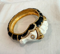 KJL Kenneth Jay Lane Seahorse Hinged Black & White Enamel & Rhinestones Bracelet