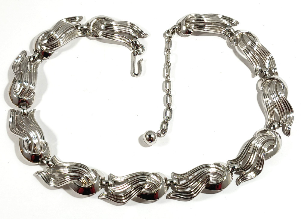 Trifari Signed Silver Collar Necklace ~ Wave Design ~ 16 inches